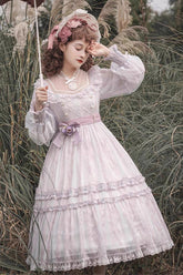 Light Purple Long Sleeves Ruffle Bowknot Lace Sweet Plus Size Elegant Lolita Dress